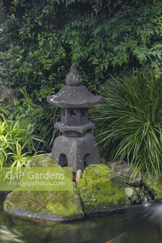 Koi carp pond with a Japanese stone pagoda lantern.