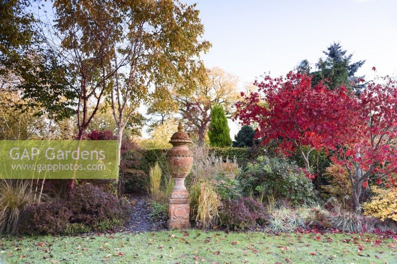 Autumn borders full of trees and shrubs and ornamental grasses around a large terracotta urn.