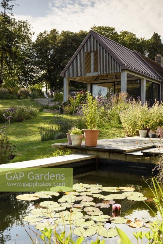 Lily pond in a country garden in July with contemporary extension beyond.