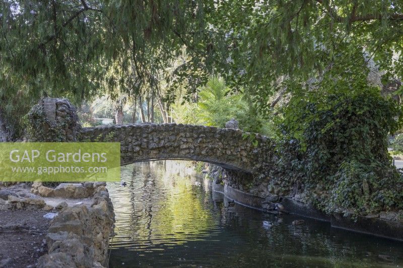 An arching stone bridge over water and under mixed foliage from trees. Parque de Maria Luisa, Seville, Spain. September