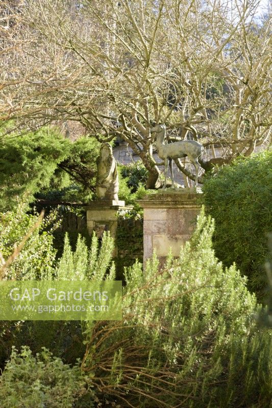 Classical statues surrounded by bushy evergreens at Iford Manor in January