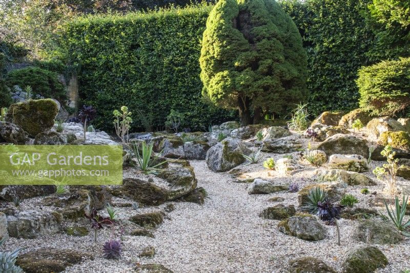 Boulders set into gravel with drought tolerant planting in the Rock Garden at The Manor, Little Compton.