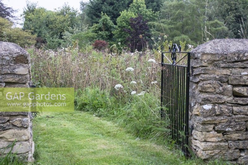 A dry stone wall and iron gate lead into the wildflower meadow at The Manor, Little Compton.