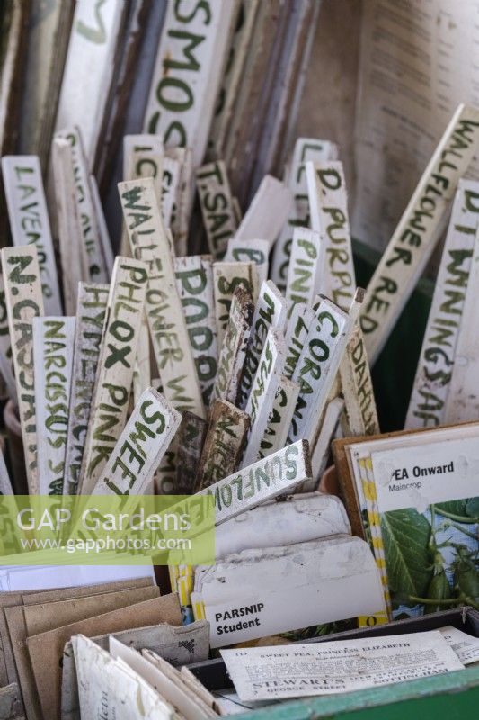 Plant labels in a potting shed