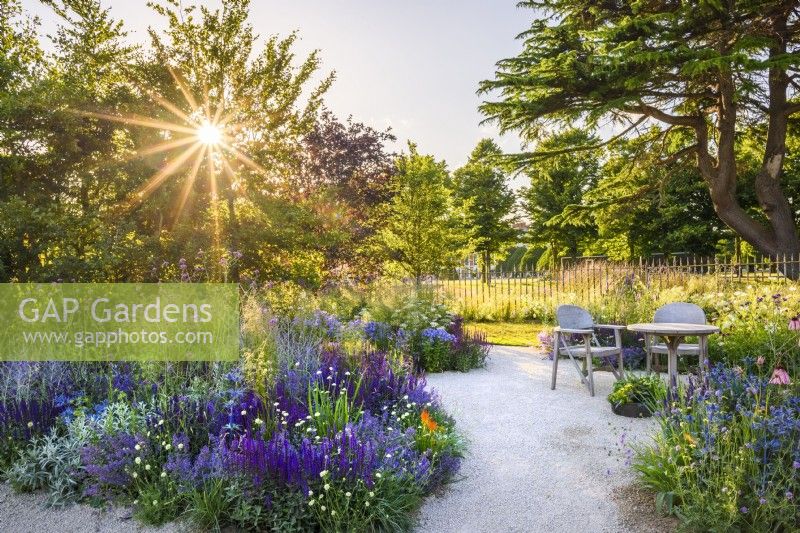 Gravel path leading to seating area with wooden table and two chairs. Planting includes Salvia nemerosa 'Caradonna', Deschampsia cespitosa 'Goldschleier', Eryngium. RHS Iconic Horticultural Hero Garden, Designer: Carol Klein, RHS Hampton Court Palace Garden Festival 2023