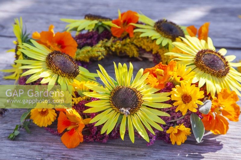 Summer wreath made of annuals including sunflowers, nasturtium, marigold and amaranthus.