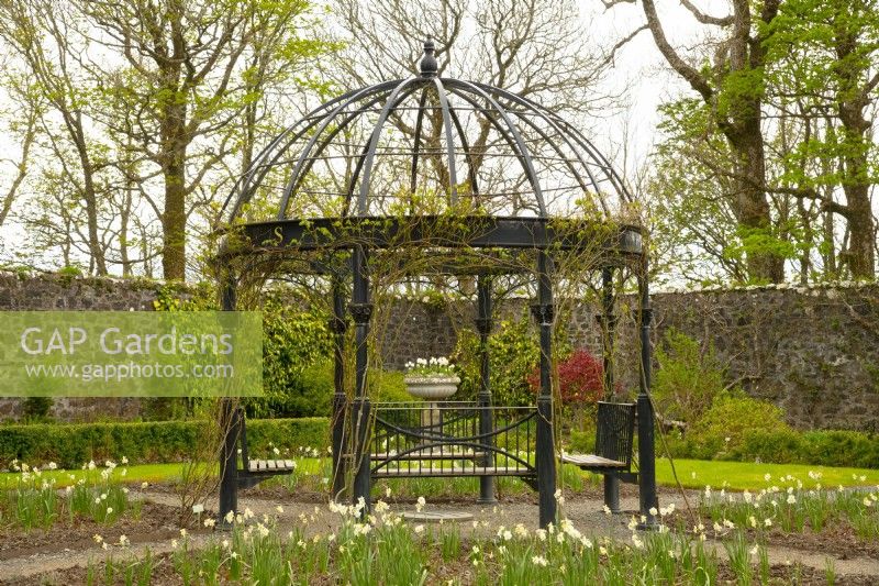Benches in a metal gazebo in the walled garden at Dunvegan Castle Gardens.