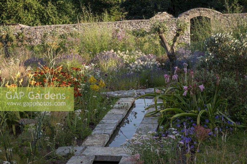 Rill in late summer walled garden, informal planting of drought tolerant plants in gravel