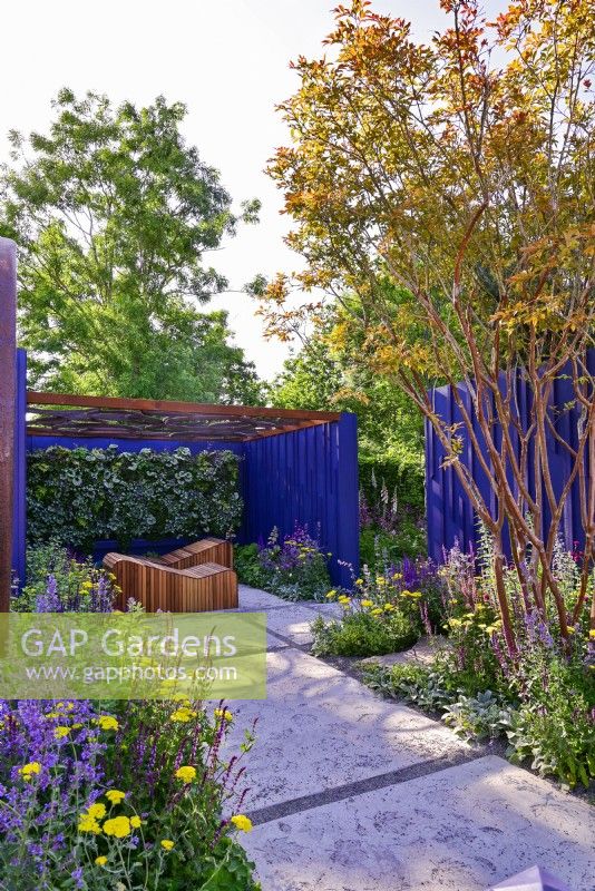 Garden space surrounded by a navy blue painted panels with path with an original leaves design and relaxation area with decorative wooden deckchairs set against living green wall under  openwork of pergola roof. Planting includes: Achillea millefolium 'Moonshine', Nepeta faassenii 'Junior Walker, Salvias nemorosa 'Caradonna Pink', 'Amethyst' and  multi-stem Lagerstroemia indica. June
Bord Bia Bloom, Dublin
Designer: Jane McCorkell
