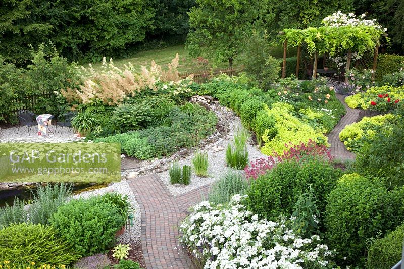 Garden overview with perennials and pond 