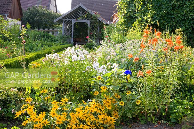 Cottage garden with bedding plants and herbs 