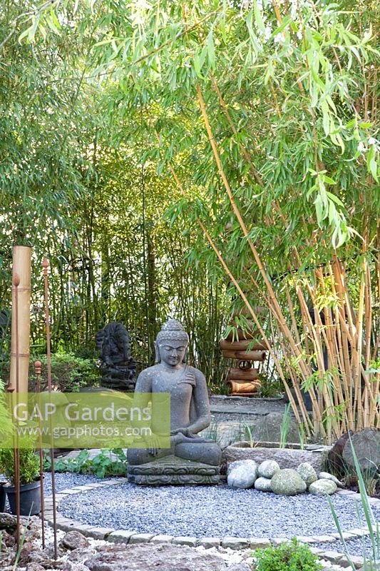 Seating area with Buddha statue, Phyllostachys vivax 