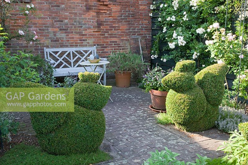 Terrace with chickens made of boxwood, Buxus 