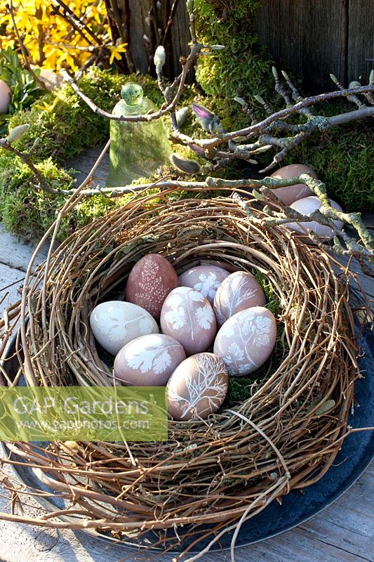 Easter eggs dyed with natural colors and leaf motifs 