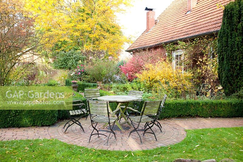 Country garden with seating area in October, Corylopsis pauciflora 