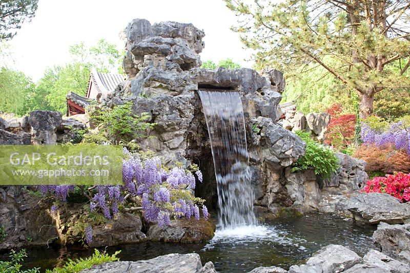 Chinese garden with waterfall 