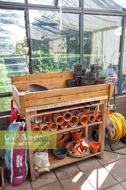 Self-made work table in the greenhouse 