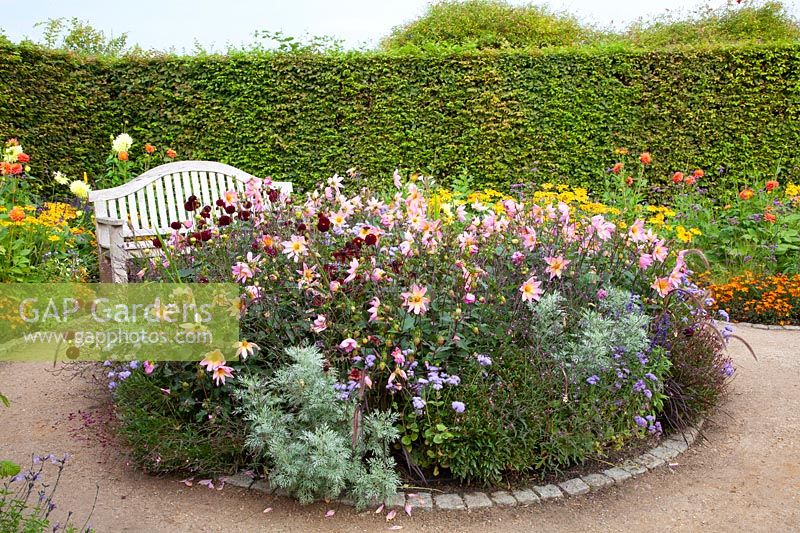 Seating area and island bed with dahlias 