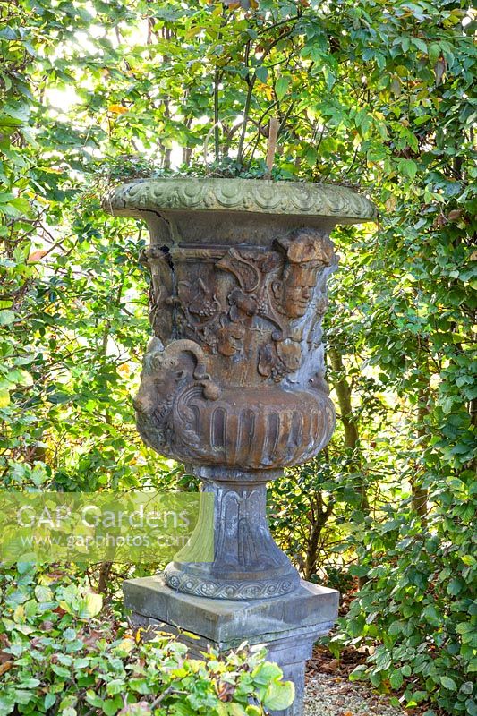 Ornate vase in formal garden 