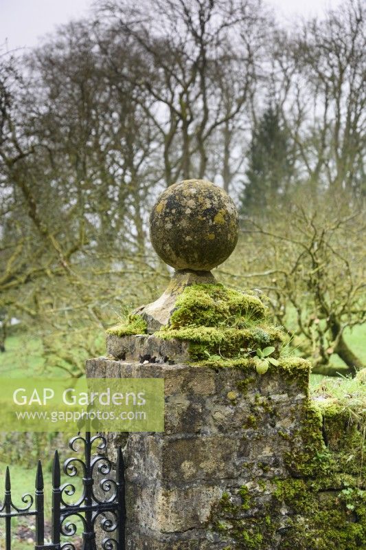 Mossy gateposts in the walled garden at Cerney House in March