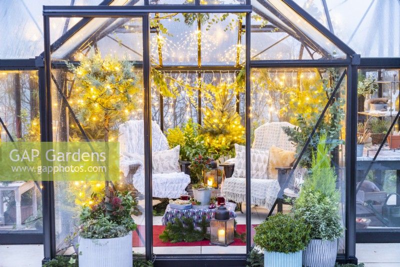 Large greenhouse furnished and decorated with recycled plastic chairs, fairy lights and mixed planting