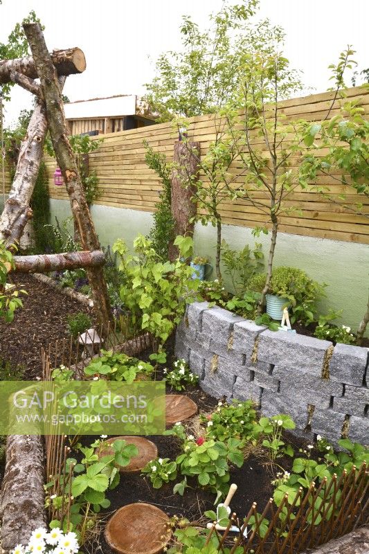 Strawberry bed and  raised bed made of Connemara decorative wall system  in woodland inspired garden surrounded by a wooden planks fence with Pyrrus, June
Designer: Mary Anne Farenden. Bord Bia Bloom, Super Garden, Dublin, Ireland.