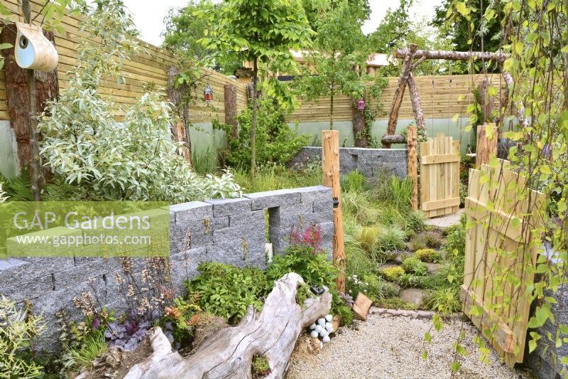 Rustic garden inspired by woodland. Raised bed made from Connemara walling system planted with silver Pyrus salicifolia. In foreground, log planted with perennials and wooden gates. Open wooden gates leading to different parts of the garden. June
