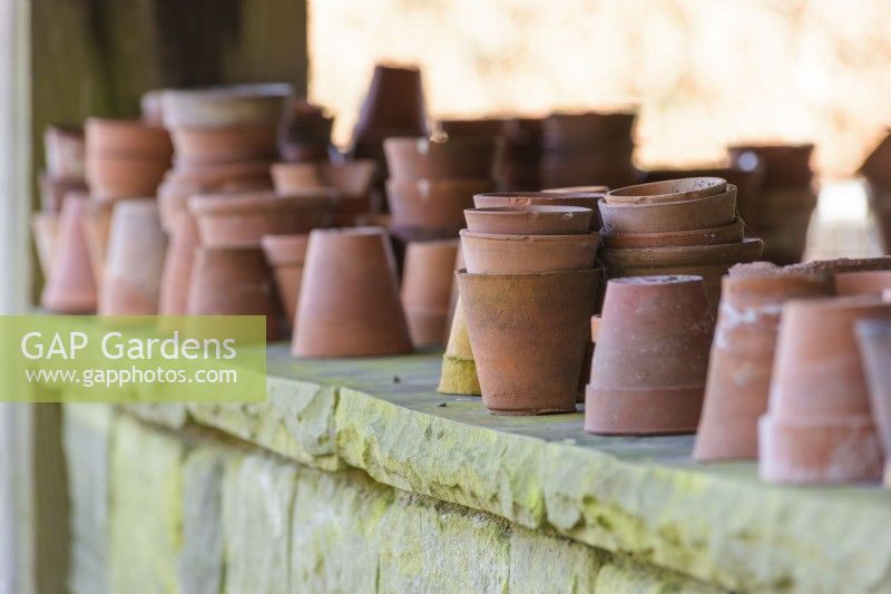 Arrangement of terracotta pots on a ledge