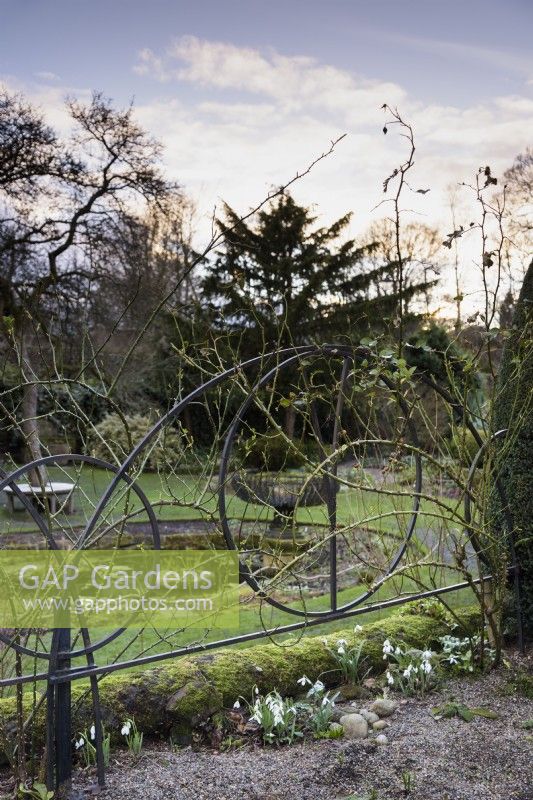 Decorative metalwork for supporting a rambling rose at York Gate Garden in February