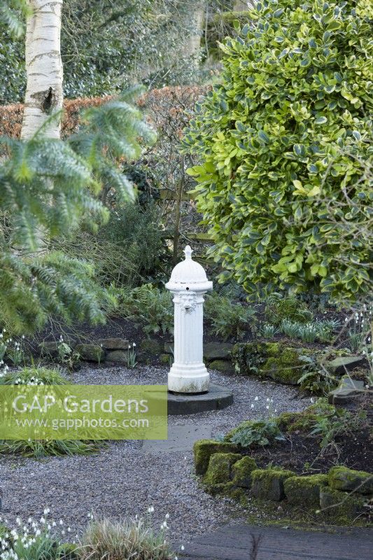 Salvaged fire hydrant at York Gate Garden in February