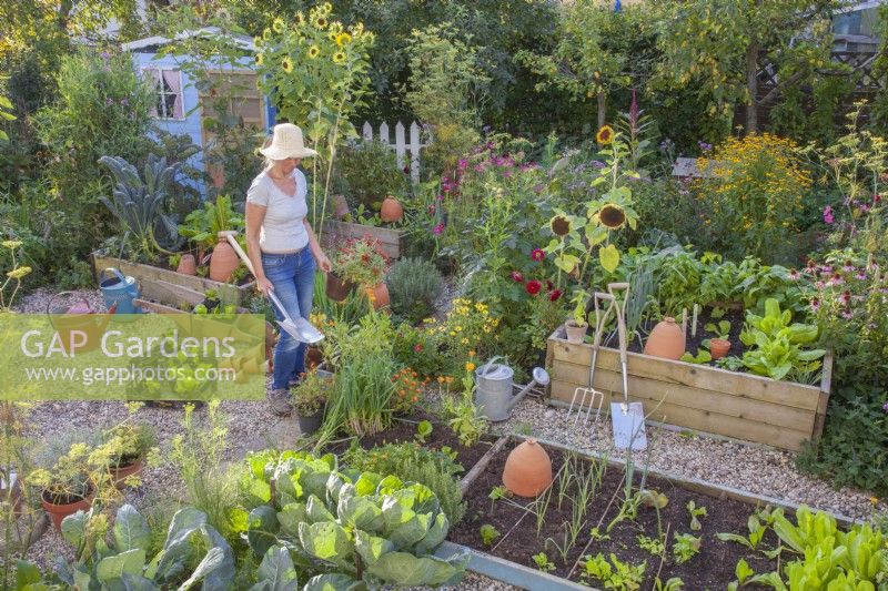 Woman with flower pot of zinnias in kitchen garden.
