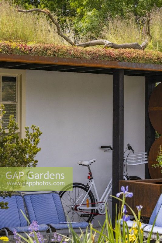 Urban front garden - view of green roof planted with Sedum reflexum. Designer: Nicola Haines, Citroen Power of One at Bord Bia Bloom Dublin 2023