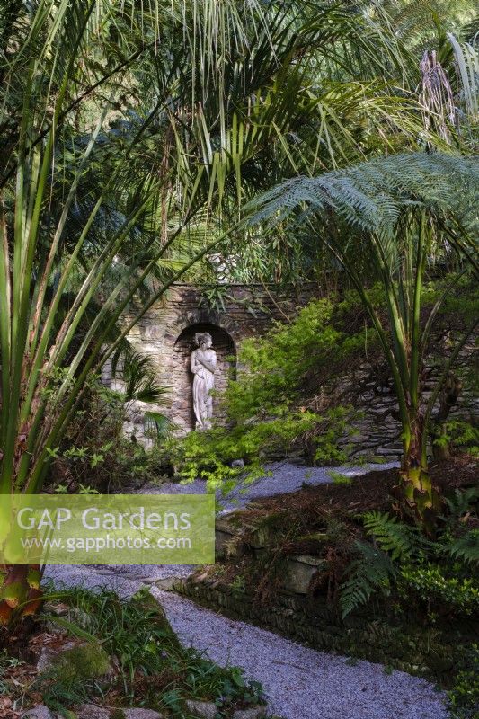 View into semi tropical 'secret' garden with Tree Ferns and palms, classical statue set in to stone wall