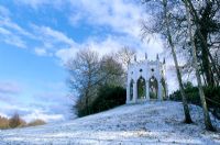 Gothic temple at in winter with snow and frost. Painshill in Surrey