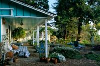 Verandah and patio with funrniture and containers. Los Gatos in California US