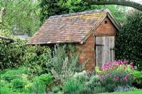 Brick built shed with clay roof tiles surrounded by mixed border in spring