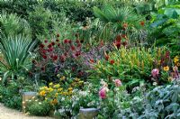 Exotic border with Dahlias, Kniphofias in September at East Ruston