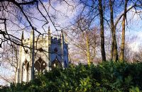 Gothic temple at Painshill in Surrey with Prunus lusitanica in foreground