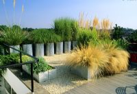 Metal containers with ornamental grasses on roof garden