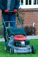 Lady mowing the lawn with a petrol driven rotary mower