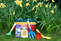 Seed packet of Giant Single Sunflower with childrens garden tools 