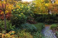 Autumn garden with shrubs, trees and cobbled path