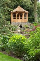 Summerhouse and water feature at Cypress House in Dalton