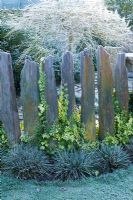 Hoar frost on Indian slate pillars used as low fence. 