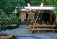 The Boat Race Anniversary Garden, RHS Cheslea 2004 - Canopy sail over patio with oars used as support