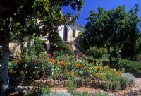 Mediterranean style garden with raised bed of orange Zinnias, Calendula, Tagetes, Escholzia and Zinnias - Corfu
