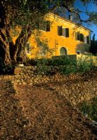 Mediterranean garden with bare raised beds -Late evening light on walls of house - Corfu