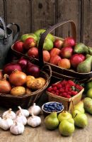 Still life arrangement of fruits and vegetables