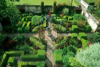 Aerial view of garden with topiary hedges and flowerbeds - Ohinetahi, Christchurch, New Zealand
