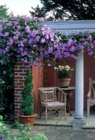 Formal seating area with columns supporting pergola with Clematis growing over - Sun House, Long Melford